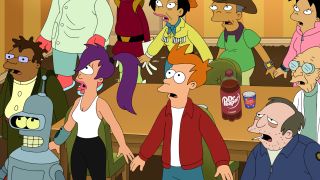 The Planet Express gang looking up in horror in Futurama. 