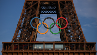 Olympics rings on the Eiffel Tower in Paris for the Paris Olympics 2024